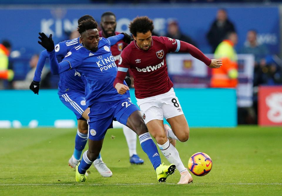  Wilfred Ndidi chases after West Ham ace Felipe Anderson