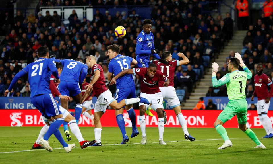  England World Cup star Harry Maguire challenges for a header in the penalty box