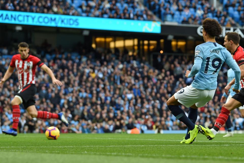Leroy Sane fizzed in this effort that took a deflection off Southampton defender Wesley Hoedt