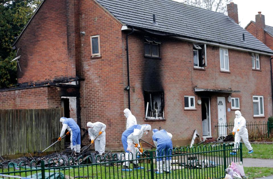  Police forensic officers at the scene where Jaqueline Allen died due to an alleged arson attack in West Malling, Kent