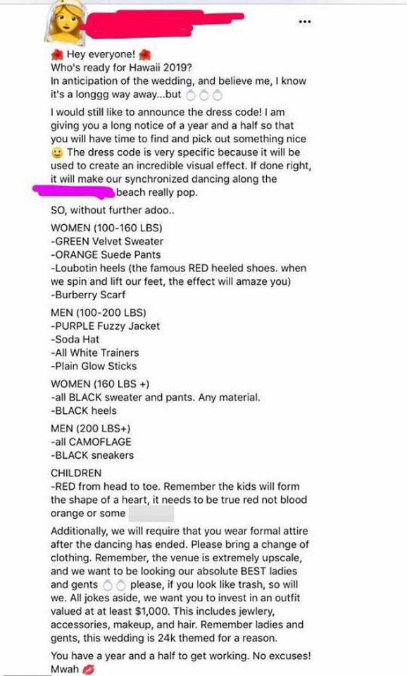  People have been left shocked over one bridezilla's very strict list of demands for her wedding guests