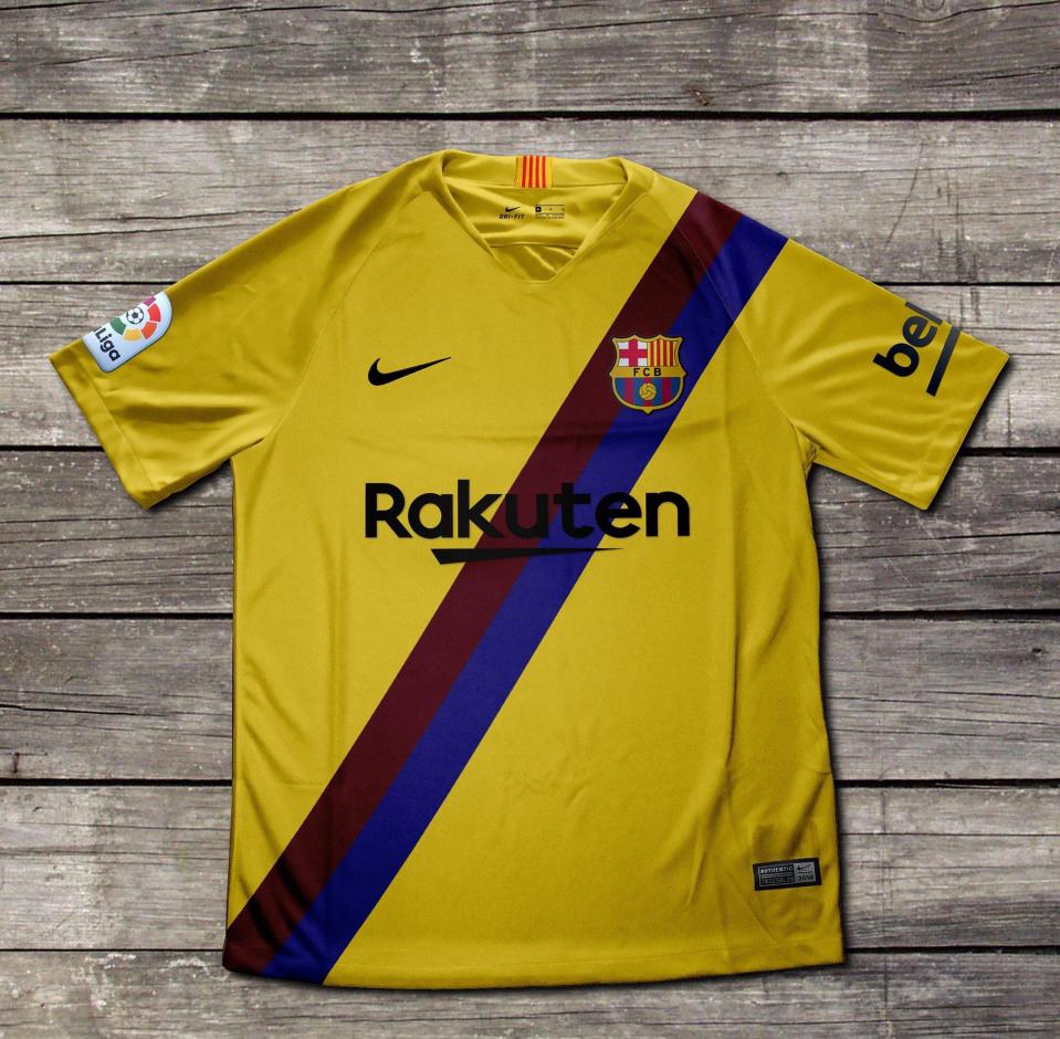  Barcelona's away kit for next season is yellow with a blue and red sash, an inspiration from a famous kit of the 1970s