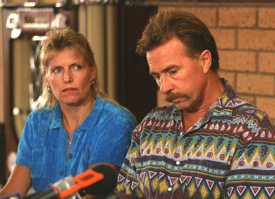  Single mum Karen Stanley Hunt went missing and was found in the ranges in 1998. Pictured is her dad, Nelson, and stepmum, Karen