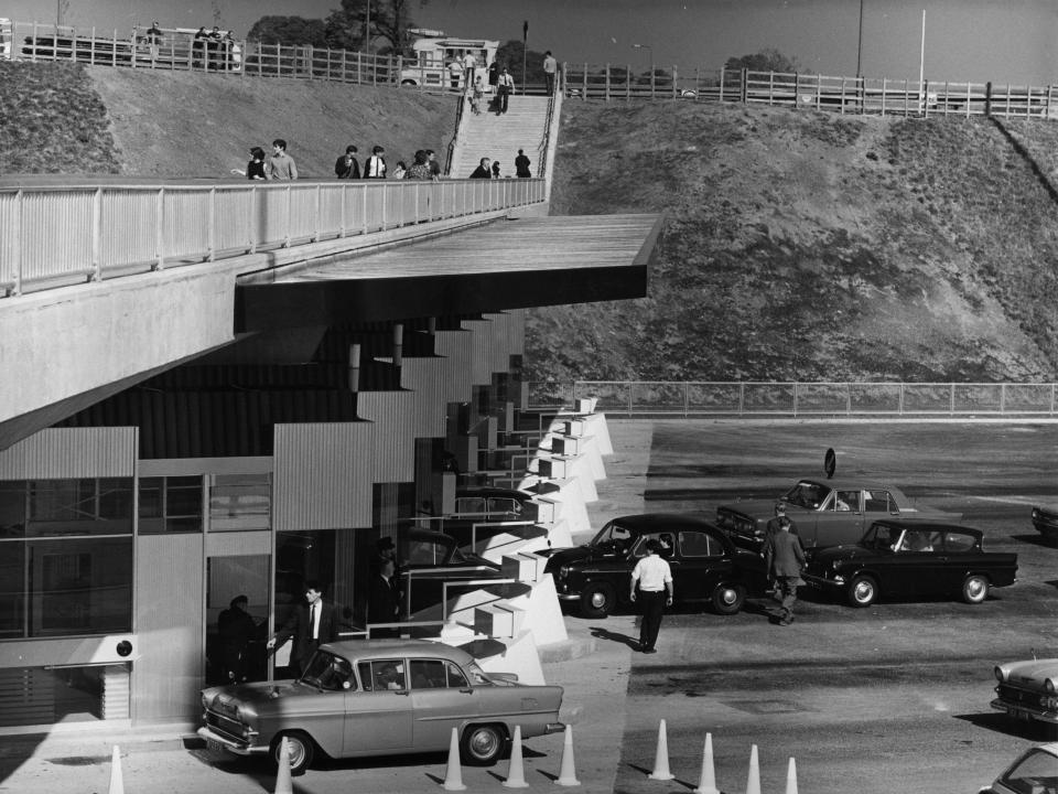  Motorists paying the toll to cross the newly opened Severn Bridge connecting Gloucestershire and Monmouthshire on the motorway in 1966