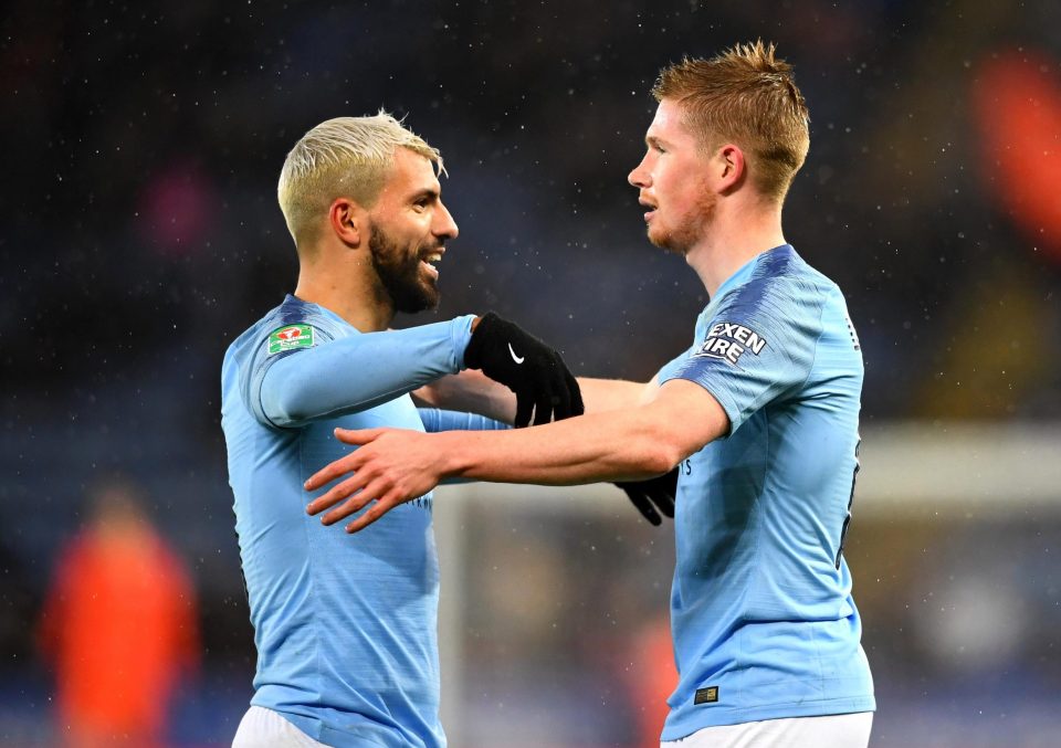 The Belgian celebrates alongside team-mate Sergio Aguero as the pair returned from injury