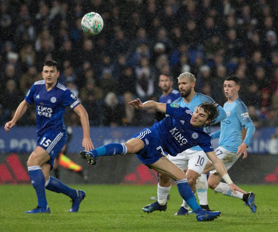 Caglar Soyuncu and Aguero battle for the ball and a place in the semi-finals