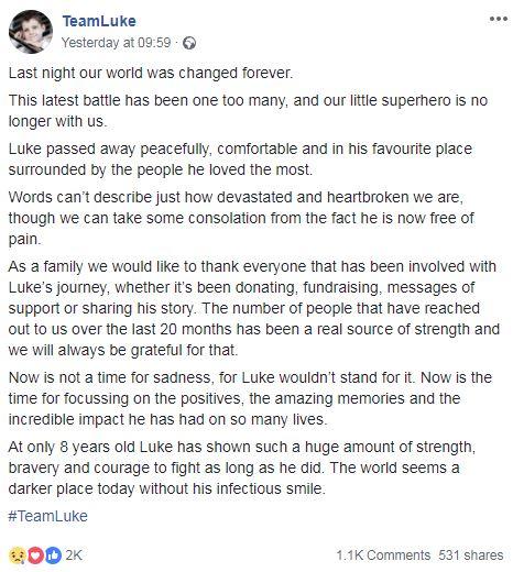 Luke's family shared the heart-breaking news