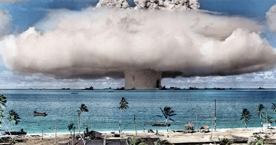 The Baker nuke test during Operation Crossroads conducted by the US on the Bikini Atoll in the middle of the Pacific Ocean in 1946 is made all the more real with the addition of colour
