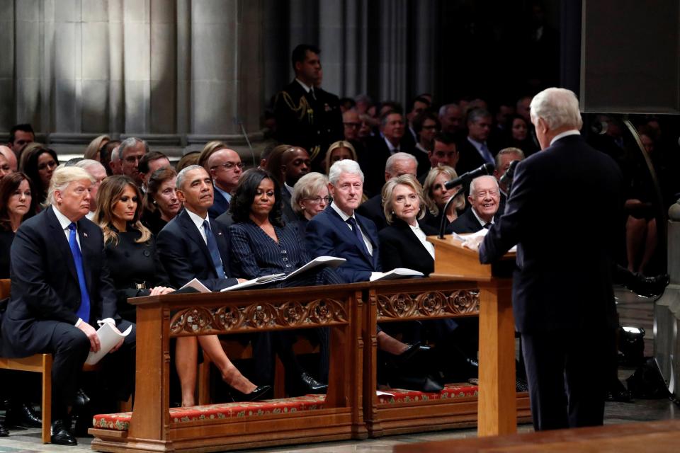  Former presidents sit by the present - all wearing dark blue ties