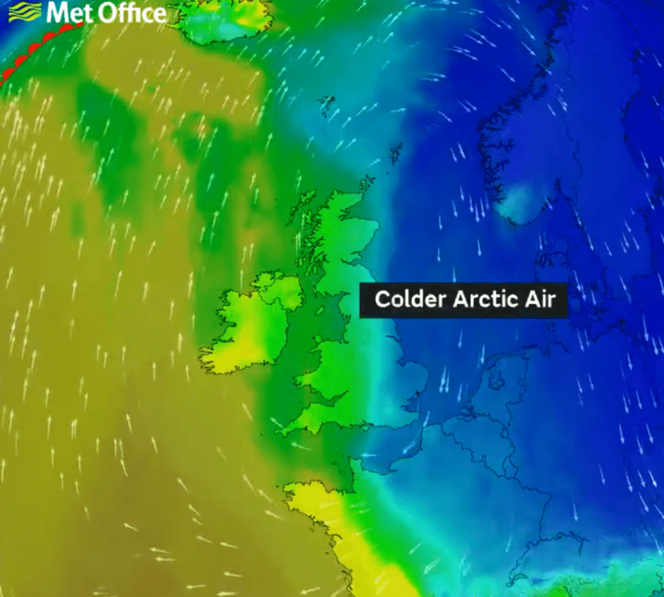 This map shows freezing Arctic air moving in from the east on Wednesday