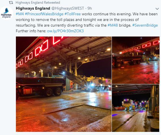  Highways England tweets about removing the toll plazas, and carrying out resurfacing work