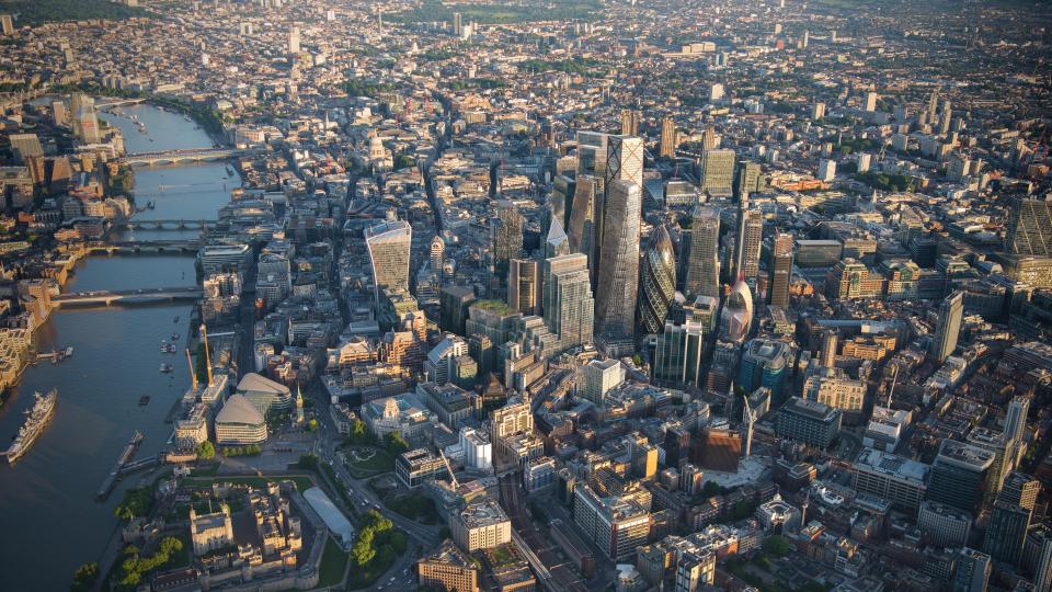 An aerial view of the City of London shows the area's new look facing west