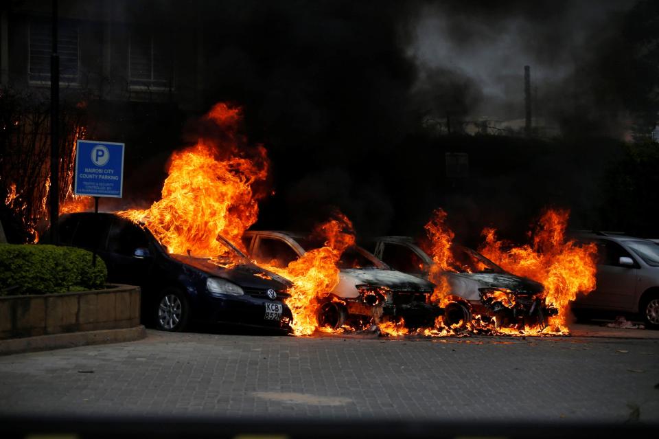Cars were set ablaze following the explosion which rocked the Kenyan capital