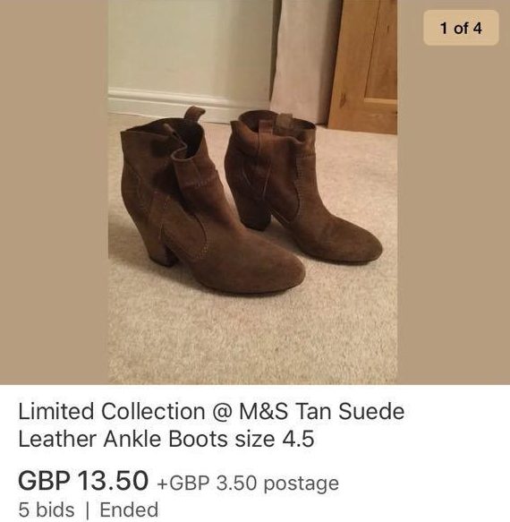 Karen mostly sells old clothes on eBay, such as these suede shoes originally bought from M&S