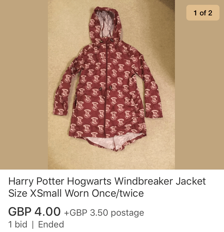 Karen sells her children's old clothes that they've now grown out of on eBay, such as this Harry Potter windbreaker jacket