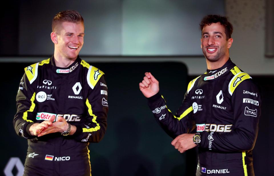 Ricciardo and new teammate Niko Hulkenberg at the team launch in Enstone