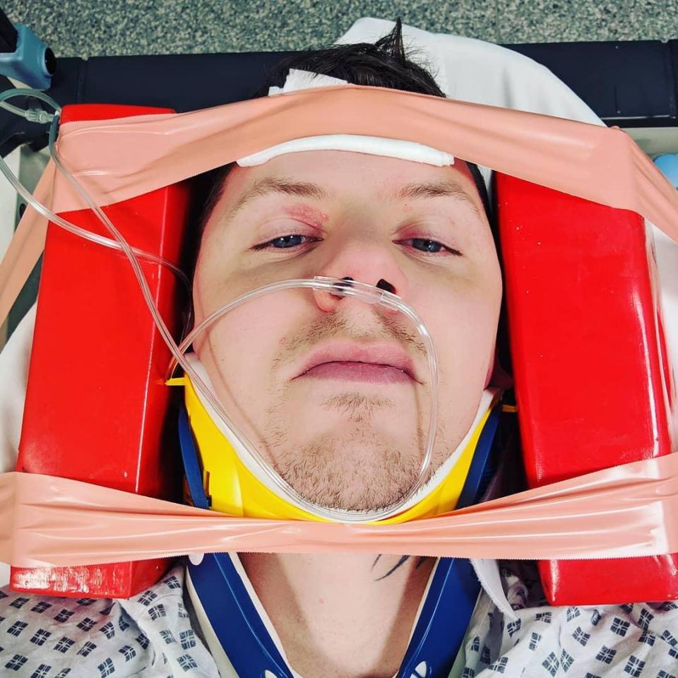  Professor Green has been rushed to hospital after fracturing his neck in a horror fall during a seizure
