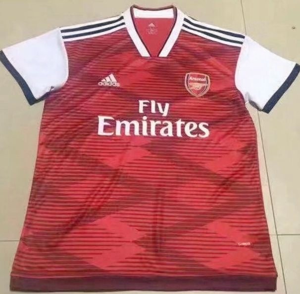  A leaked Arsenal home kit shows the red and white kit with graphic detailing and blue trim