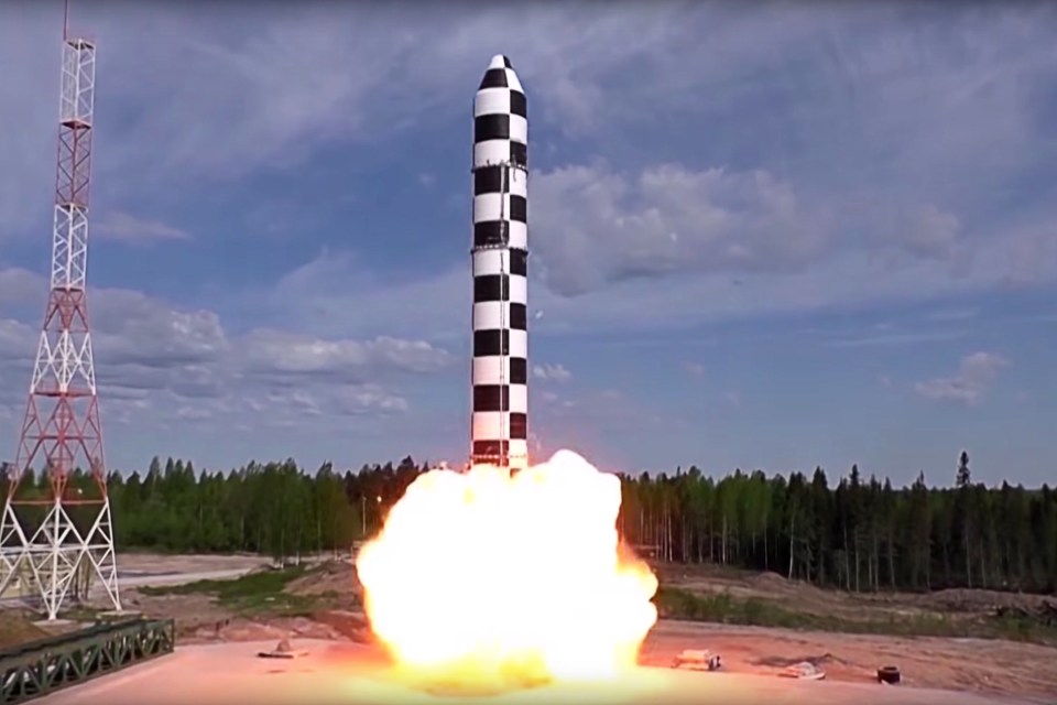 A drop test of the RS-28 Sarmat liquid-fueled superheavy intercontinental ballistic missile