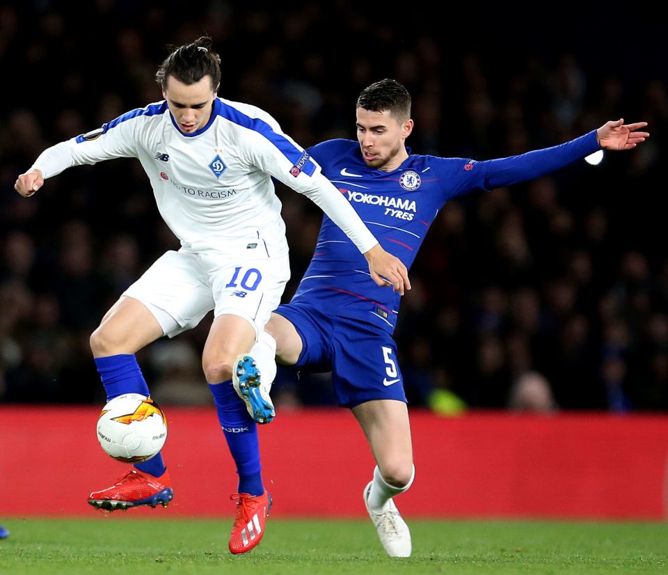  Jorginho in action against Dynamo Kiev star Mykola Shaparenko
