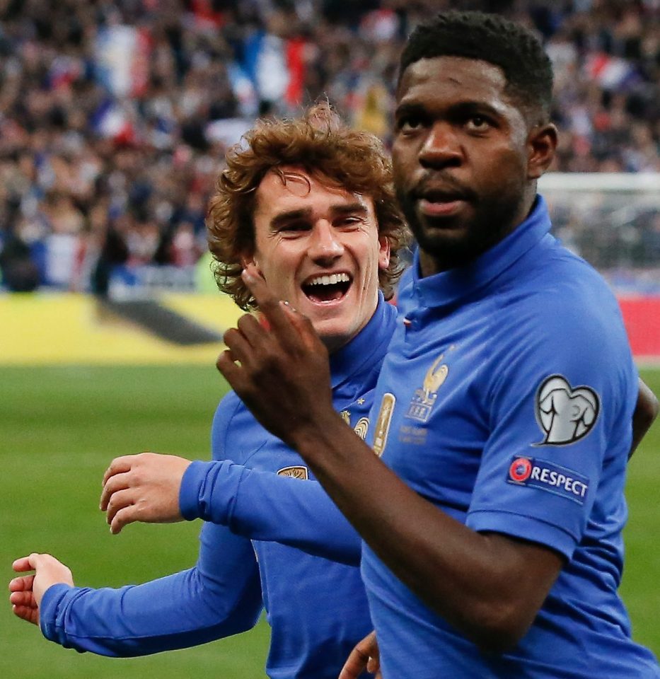 France defender Samuel Umtiti shares his goal joy with Antoine Griezmann