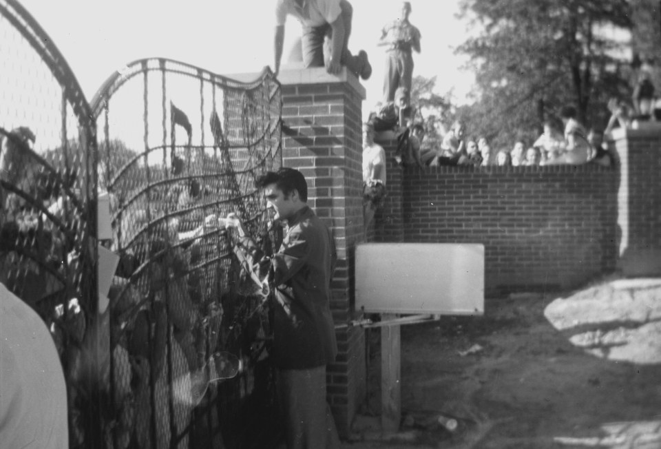 Elvis Presley greets fans at the gates of Graceland in Memphis, Tennessee