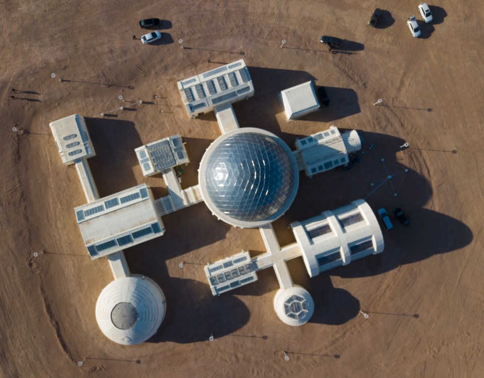  A bird's eye view of the fake Mars colony reveals connected modules that are open to tourists