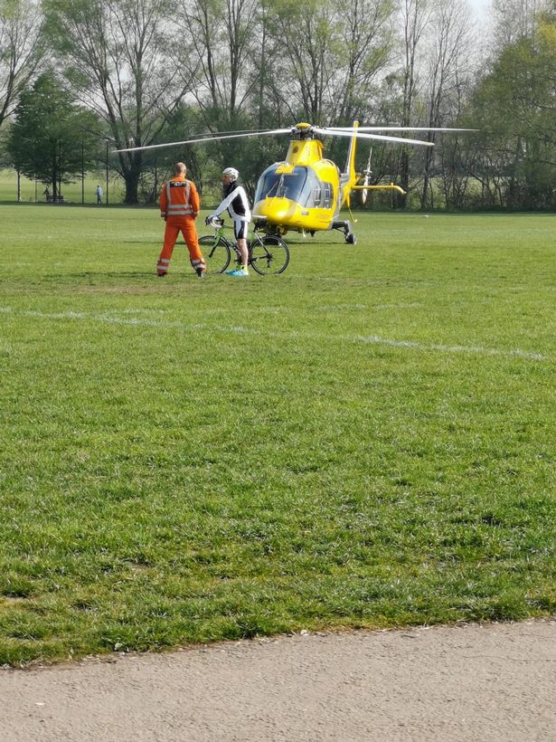 An air ambulance attended and paramedics treated the male pedestrian