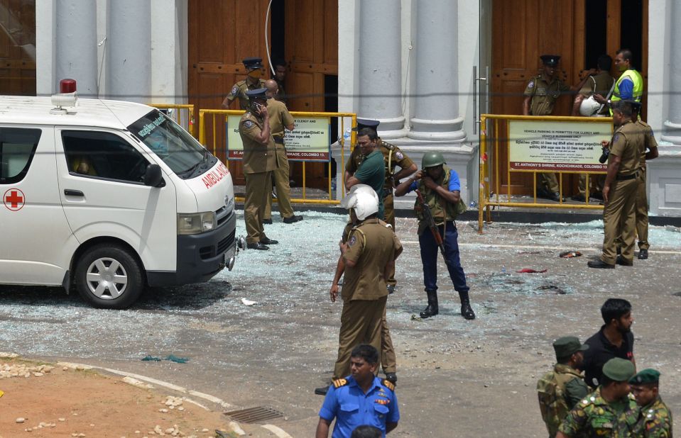  Sri Lankan military officials stand guard in front of the St. Anthony's Shrine, Kochchikade church