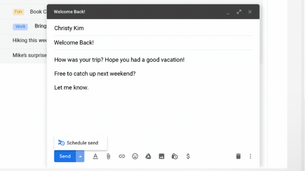  To try out the new feature, simply hit the new arrow that appears next to Gmail's "Send" button