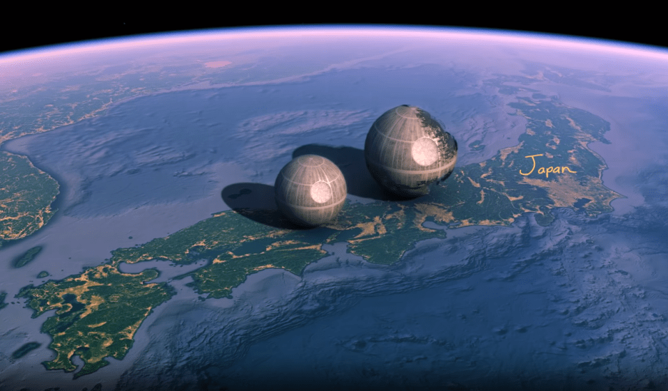  The series actually had two death stars. A smaller one (left) was about 75 miles wide and was blown up by Luke Skywalker in the very first film. A larger version followed that was 100 miles wide. It had not finished construction by the time it was destroyed in Return of the Jedi
