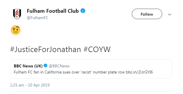  Fulham FC has tweeted their support for Jonathan's case