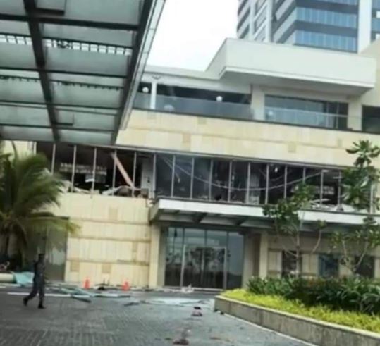 Glass was seen shattered on the ground after the blasts at several top-end hotels
