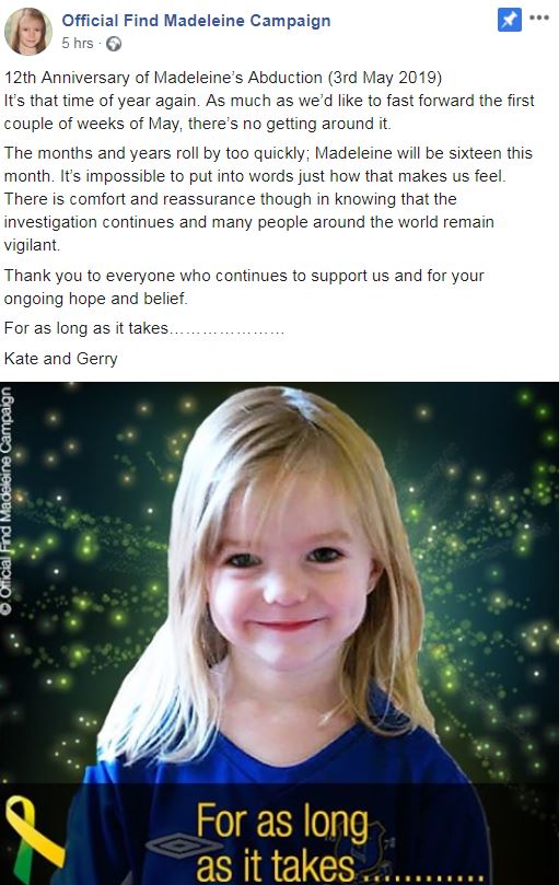  This is the hearbreaking post Madeleine McCann's parents shared on Facebook this morning, which is the 12th anniversary of Maddie's disappearance
