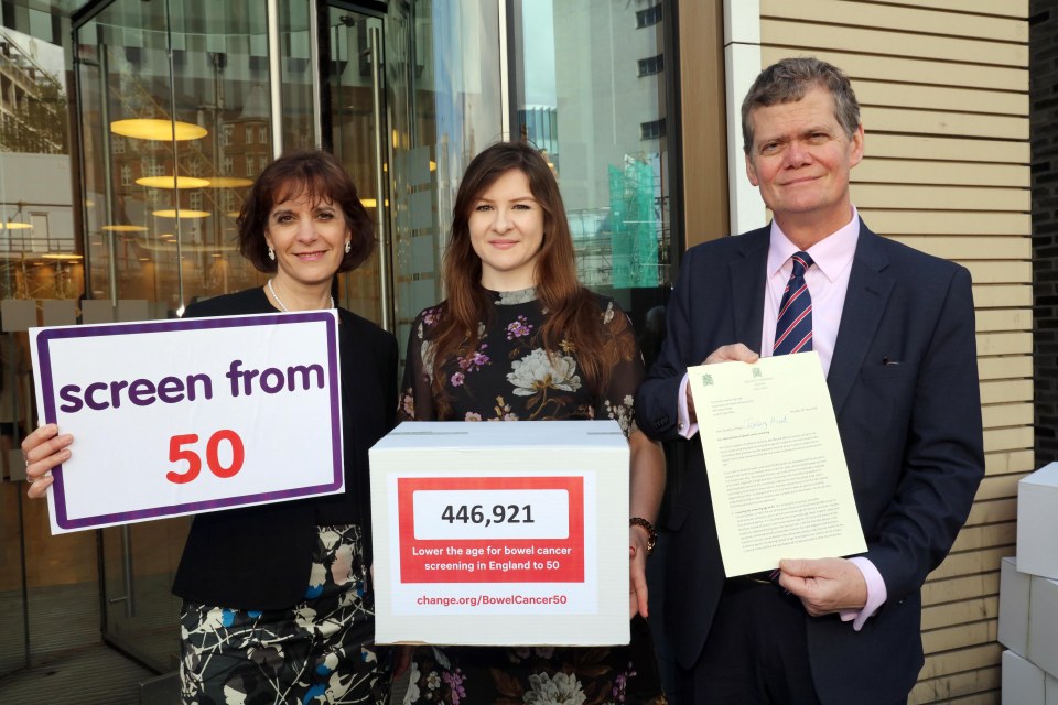  The Sun, along with campaigners Lauren Backler, centre, and Deborah Alsina from Bowel Cancer UK, left, called on the Government to lower the screening age from 60 to 50 - and last summer they pledged to do so