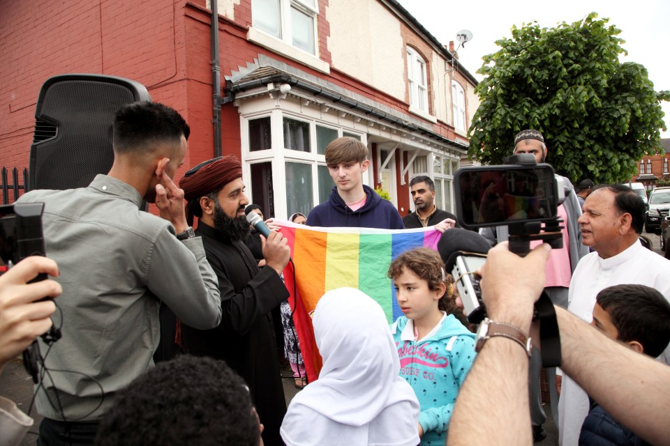  Counter protester Edan Powell outside Anderton Park Primary School