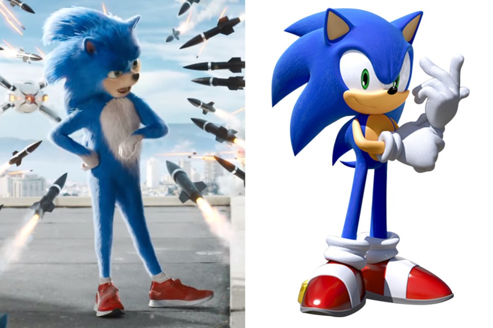  The movie Sonic (left) differs quite substantially from even his 3D video-game versions