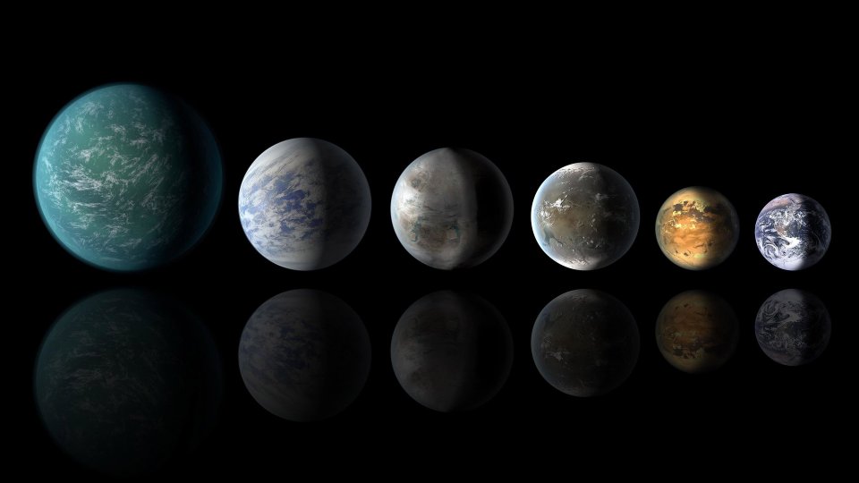  This is an artistic interpretation of some of the watery exoplanets outside of the Solar System in comparison to Earth, located at the very end