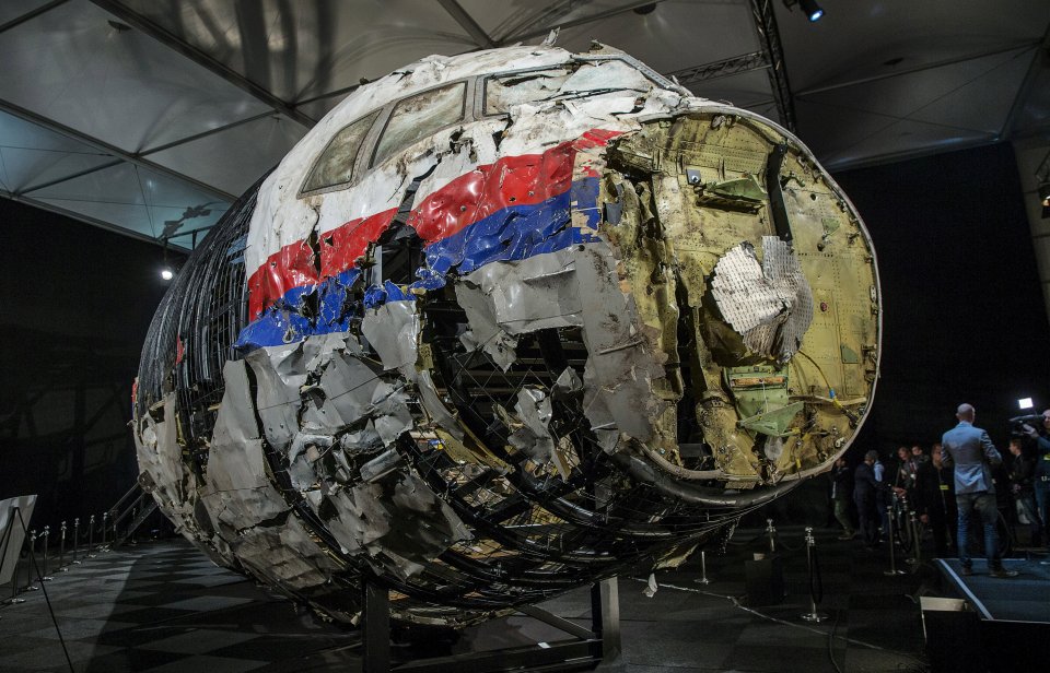 The reconstructed wreckage of Malaysia Airlines flight MH17