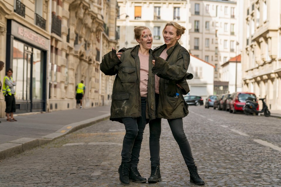  Killing Eve star Jodie Comer was seeing double as she cosied up to her lookalike stunt double after a brutal scene that saw her hit by a car while filming series two