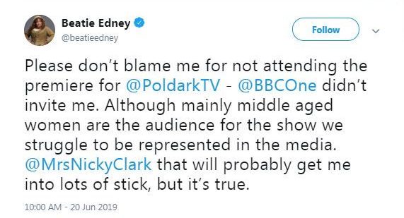 Beatie was asked by Poldark fans why she was not attending the screening in Cornwall