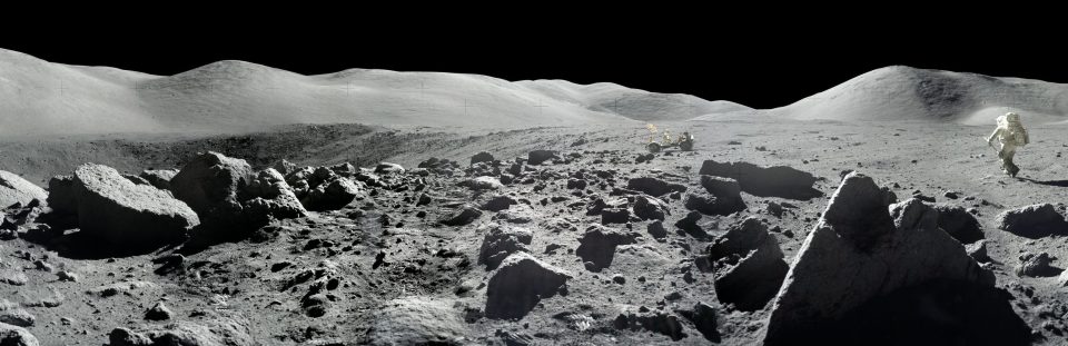  Panorama view of Apollo 17 lunar surface photos for Station 5 at the Taurus-Littrow landing site taken during the second moonwalk of the mission by Apollo 17 commander Eugene Cernan and lunar module pilot Harrison (Jack) Schmitt