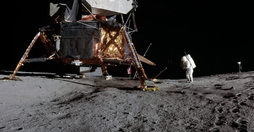  Panorama view of Apollo 12 lunar surface photos with lunar module pilot Alan L. Bean and the TV taken from just inside the rim of Surveyor Crater on the first moonwalk of the mission