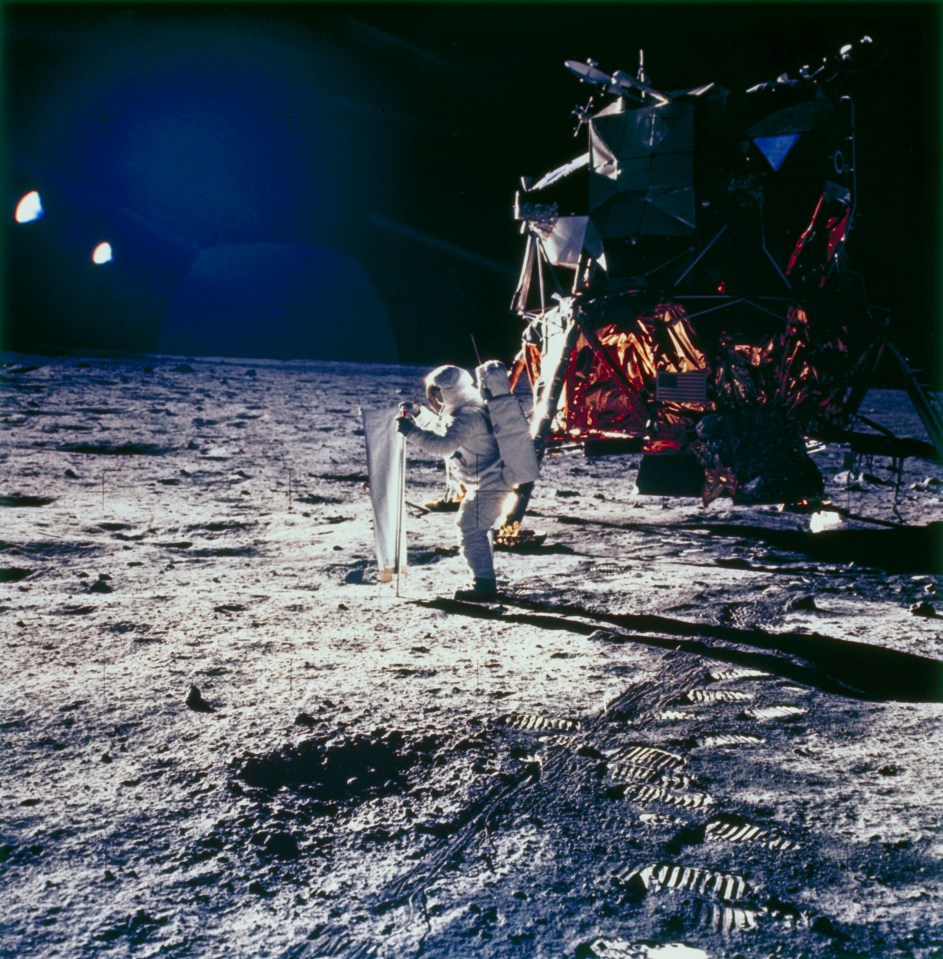 Aldrin is deploying the solar wind experiment on the lunar surface