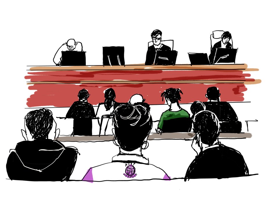  A court room sketch shows A$AP Rocky in green, sitting beside his lawyer