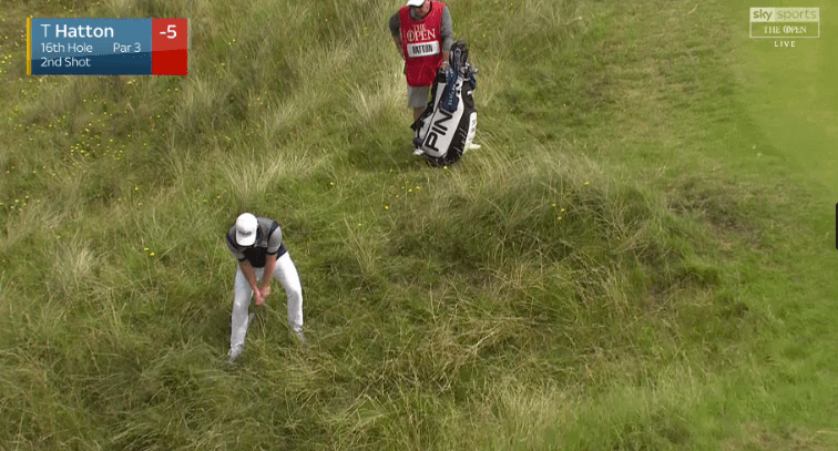 Tyrrell Hatton suffered a nightmare from this position on the 16th hole after hitting his ball just two inches with two shots