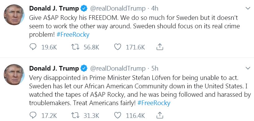 Trump tweeted: 'Give A$AP Rocky his FREEDOM'
