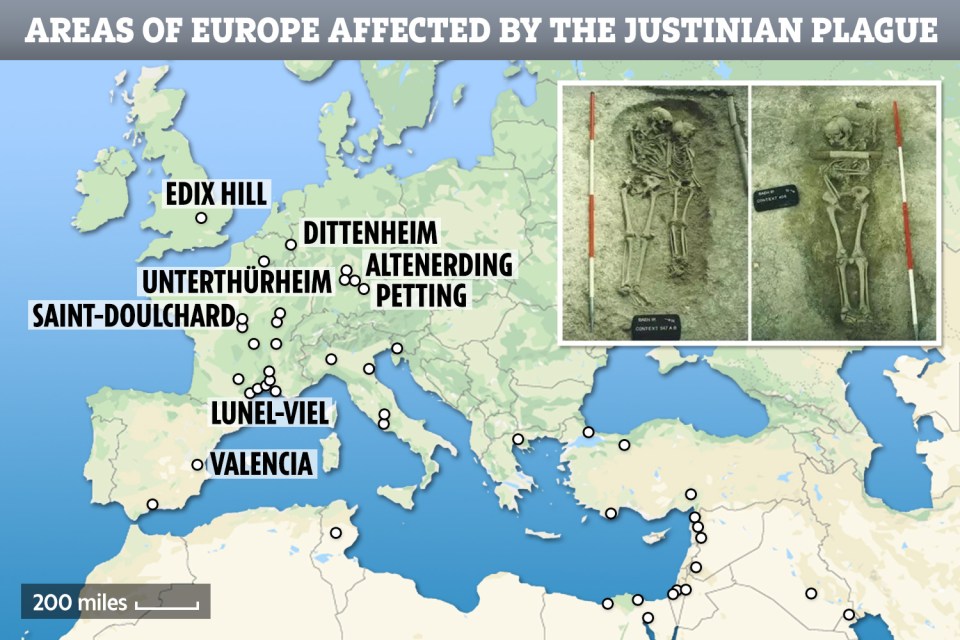Map of Europe showing areas affected by the Justinian Plague, with inset photos of plague victims' skeletons.