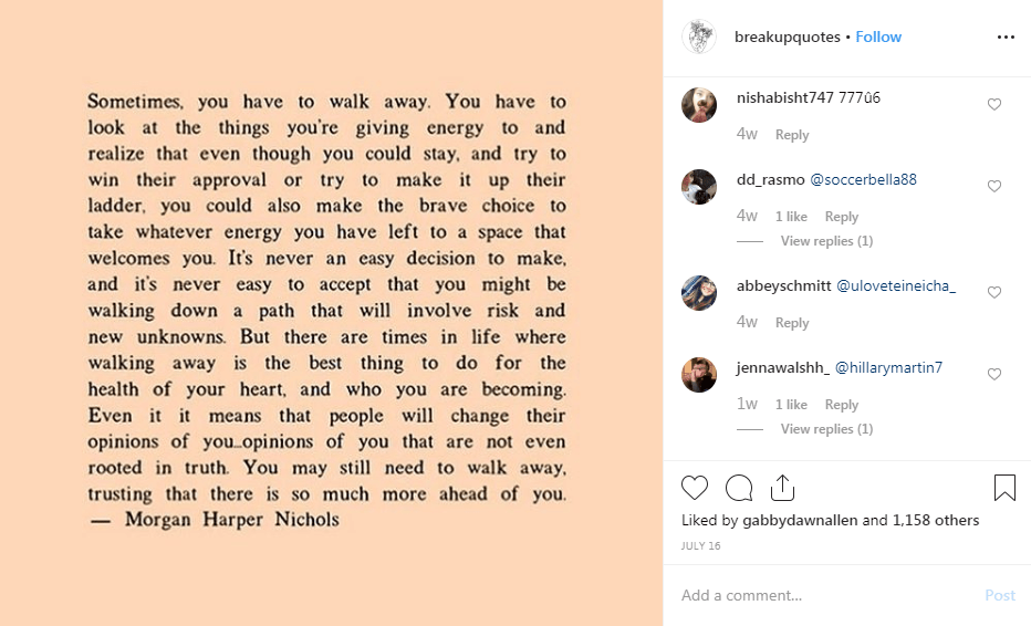 The star liked the telling Instagram post - shared by an account called Break up quotes