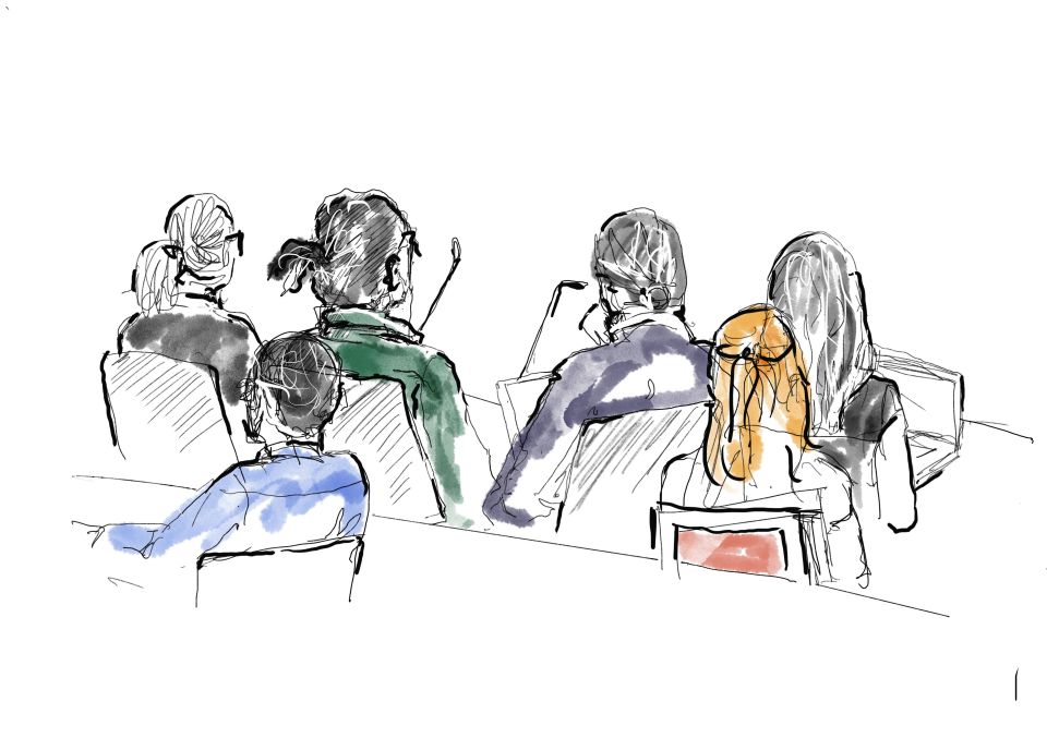  A courtroom sketch shows A$AP Rocky (in green) during the second day of his trial earlier today